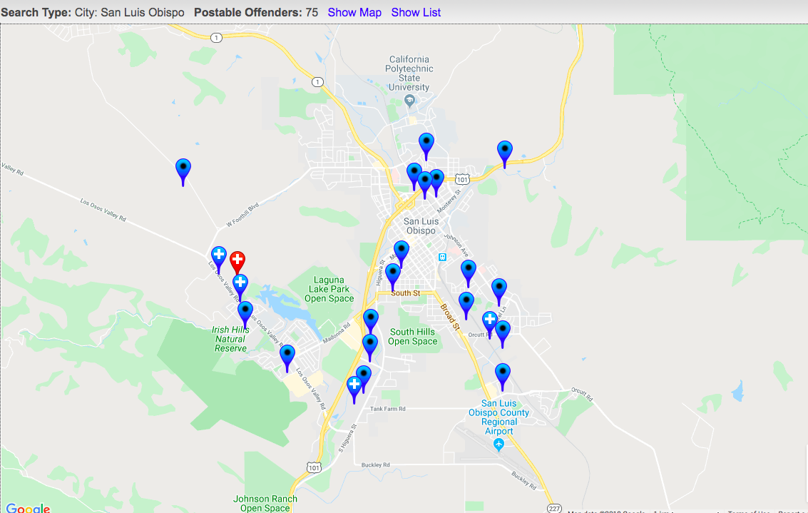 Screenshot of map with local sex offenders pinned. Photo courtesy of California Meghanâ€™s Law Website