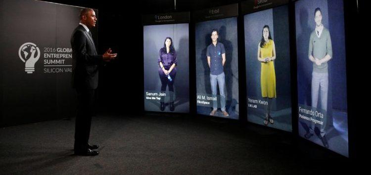 REFILE - CORRECTING NAME OF PROJECT PARTICIPATED BY PRESIDENT OBAMAU.S. President Barack Obama participates in a Shared Studios Portal virtual conversation with entrepreneurs at the Global Entrepreneurship Summit at Stanford University in Palo Alto, California, June 24, 2016. REUTERS/Kevin Lamarque.     TPX IMAGES OF THE DAY