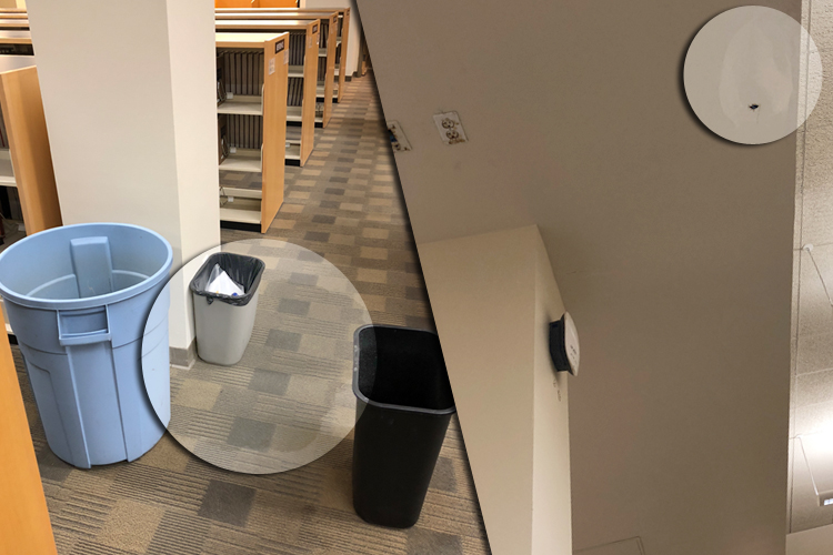 Detail: Circles highlight rain water pooling up (left) and rain water dripping from a hole in the ceiling (right).