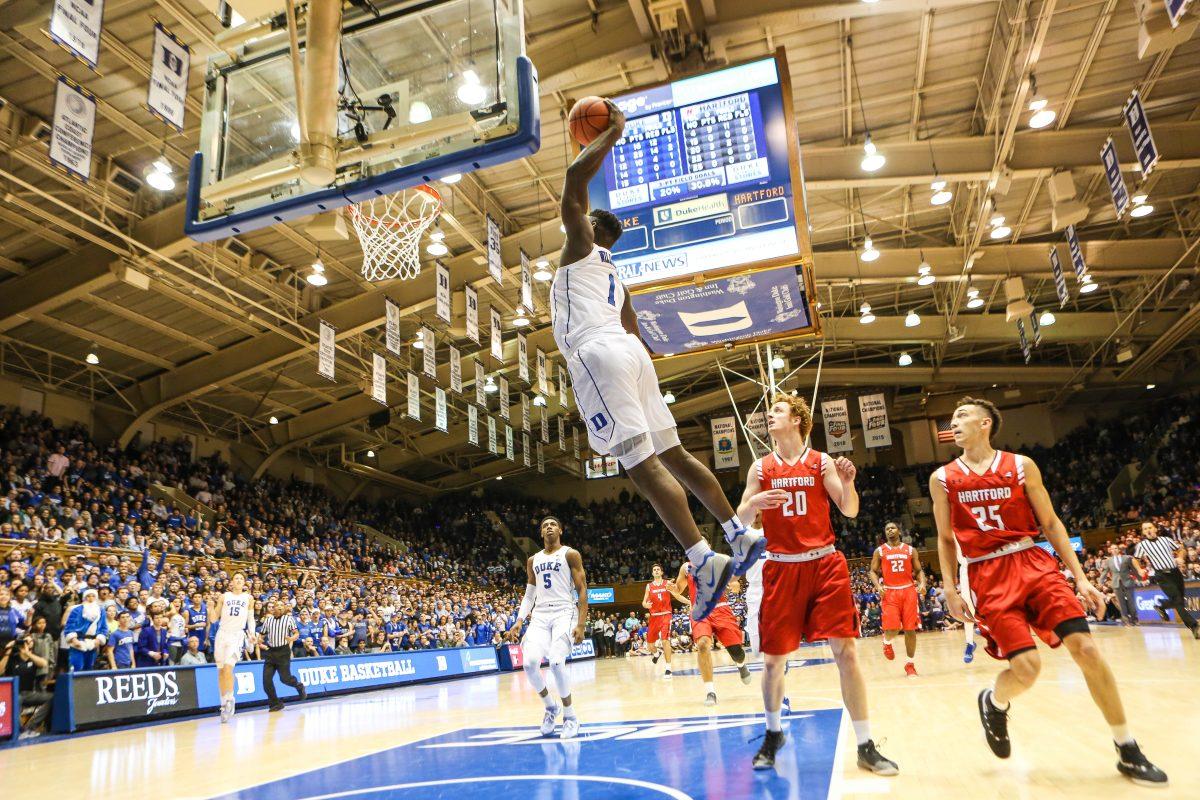 Zion Williamson shows off his vertical abilities. Photo by Keenan Hairston