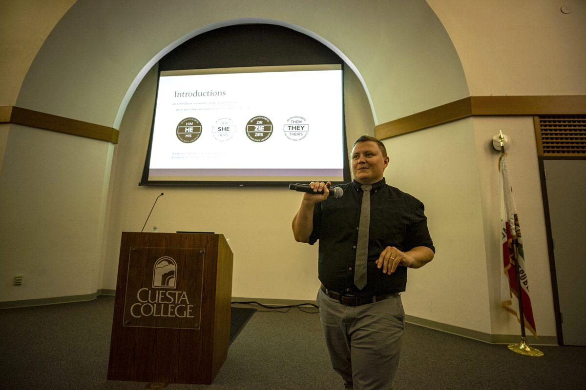 Safe Zone Trainer Appy Fryckenberg talks about gender neutral pronouns at Cuesta College.
Photo by Michael Costa
