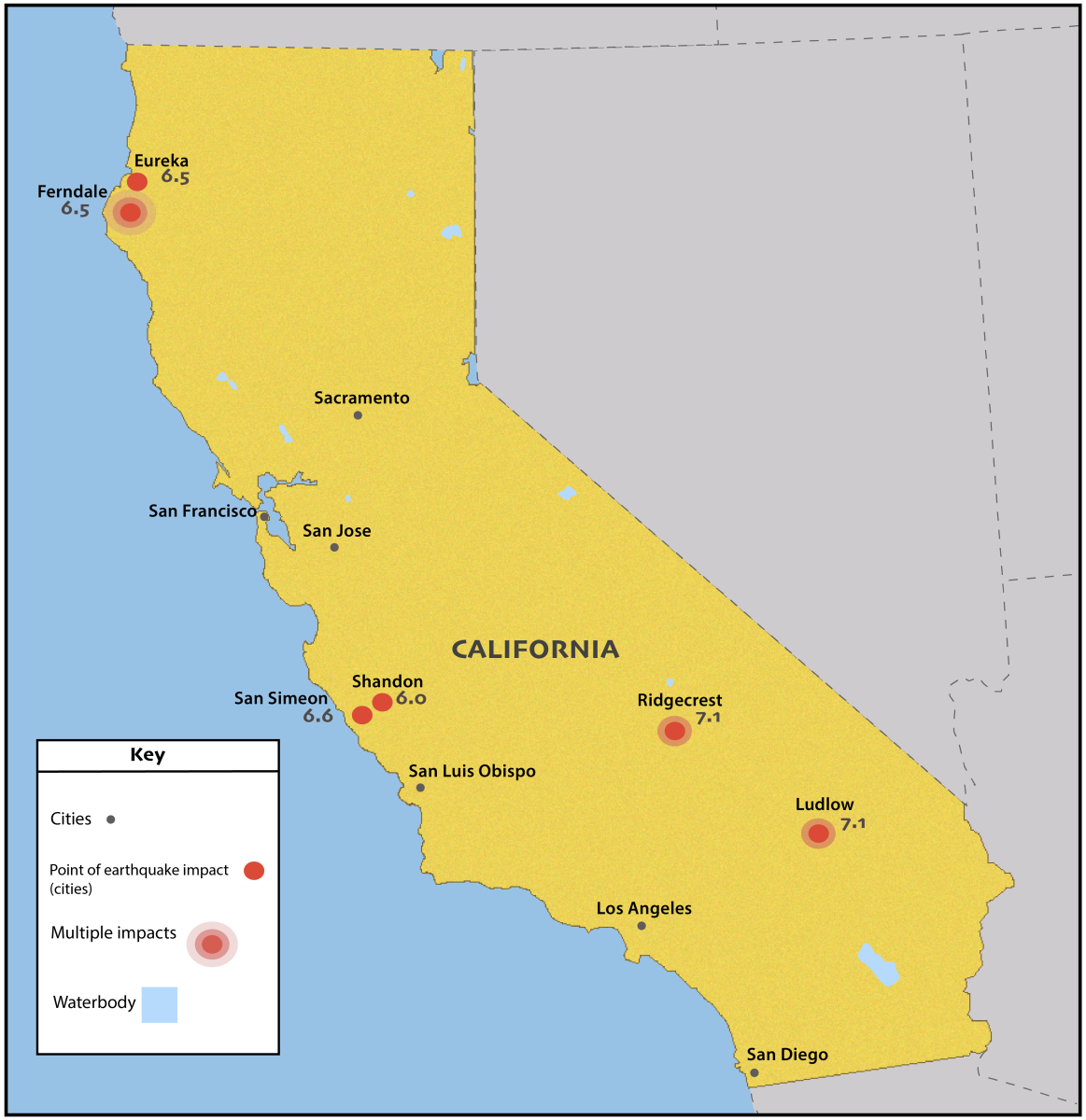 Map of Californiaâ€™s most impactful earthquakes in the past 20 years. Illustration by Guadalupe Angeles