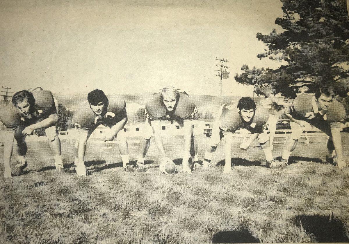 The offensive line of Cuesta College's 1971 football team.  Shown left to right: Jim Howard, Paul Morones, Charlie Pearson, Jerry Reynolds, and Randy Canaday. Photo by Geron Marcom