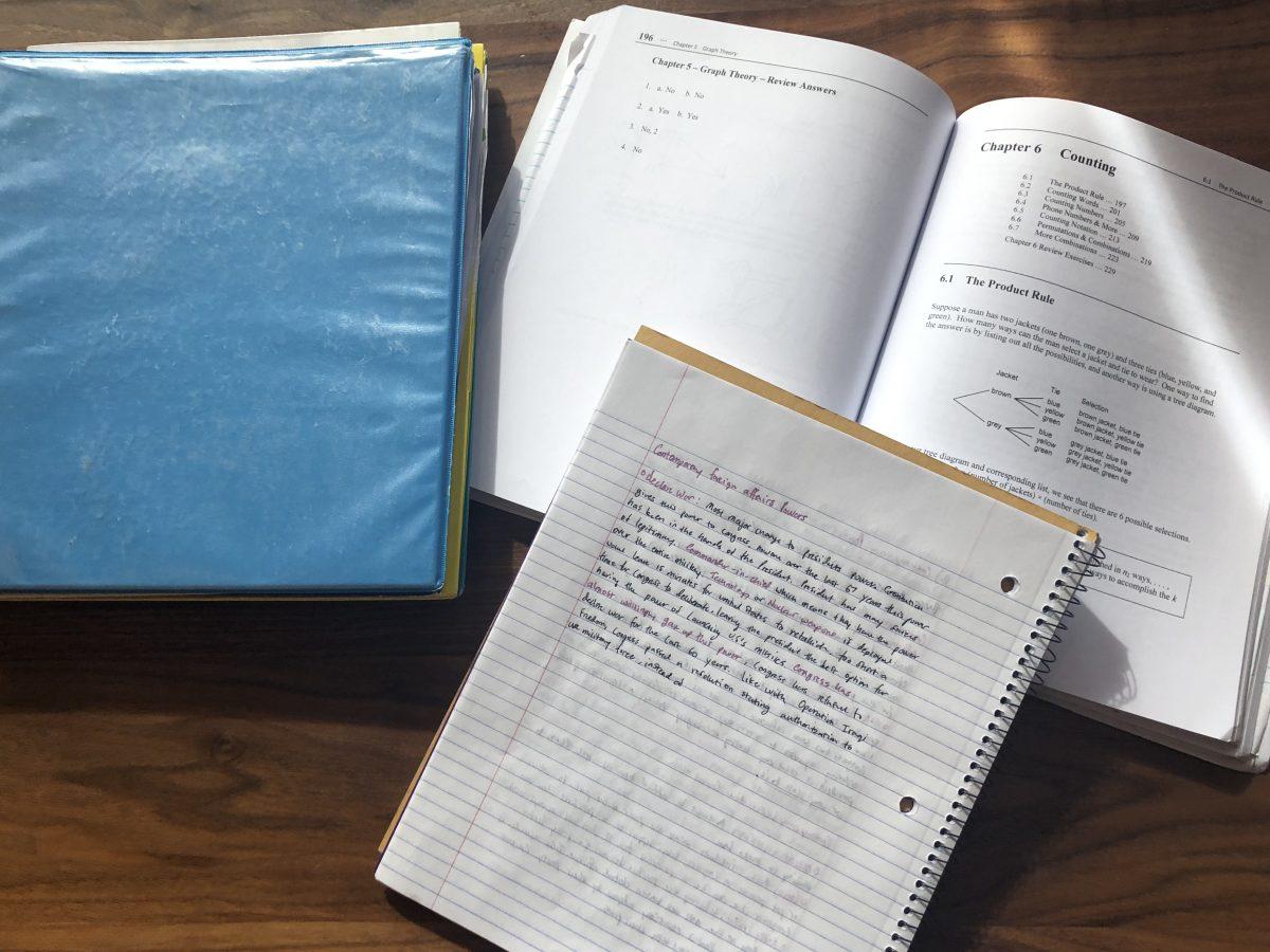 Study session notes, binder, and textbook. Photo by Ellie Thomas