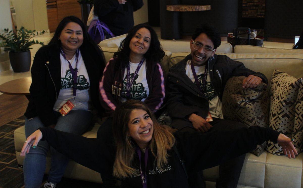 Members and former members of Latinx clubs at a conference meeting. Top row, left to right: Karla Zamora, Araceli Ruvalcaba, Fredy Herrera.  Bottom row: Tania Chairez. Photo by Guadalupe Angeles