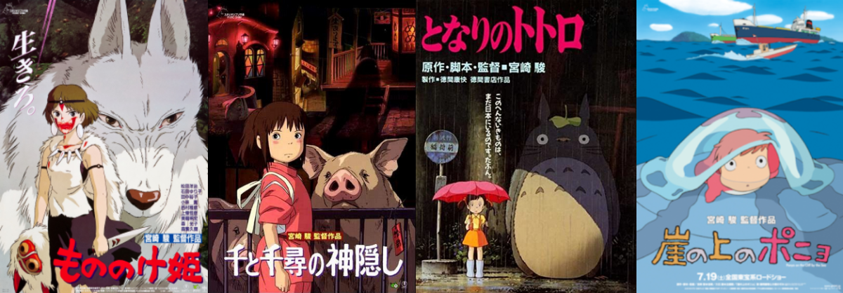 Japanese posters for four of Miyazakiâ€™s films. Left to right: â€œPrincess Mononoke,â€ â€œSpirited Away,â€ â€œMy Neighbor Totoro,â€ and â€œPonyo.â€ Studio Ghibli, 1997, 2001, 1988, 2008.