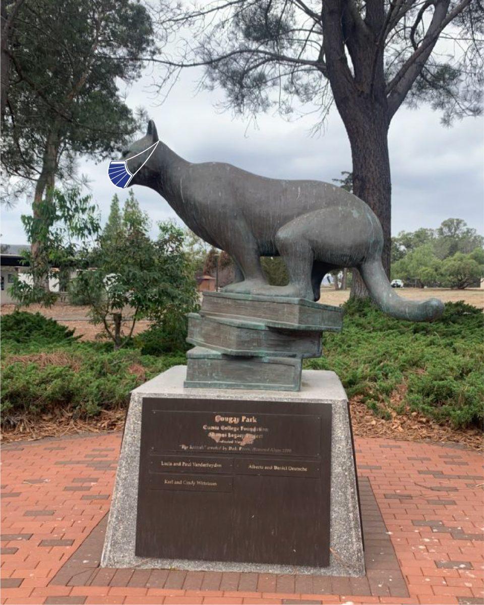 A masked version of the on-campus Cuesta College cougar statue. Edited photo by Andrea Bateman