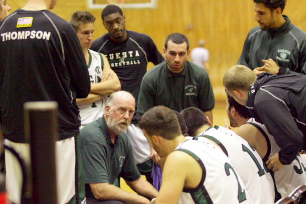 Coach Rusty Blair in the huddle, coaching one of his former teams.