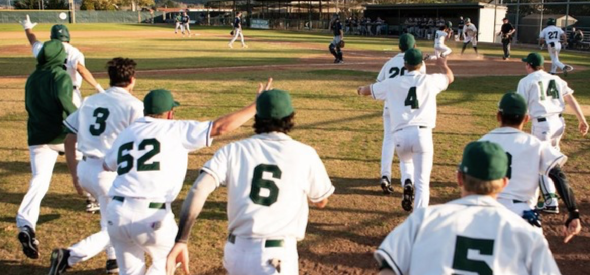 Cuesta Mens Baseball team celebrates a walkoff win this season.