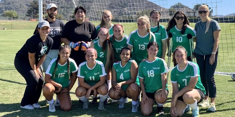 A team photo of the 2022 Womenâ€™s Soccer team taken before their final preseason match. Photo by Cuesta College Athletics 