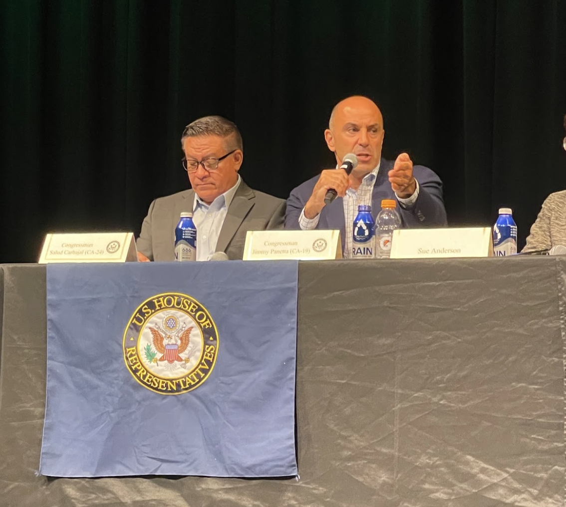 California Congressmen Salud Carbajal (left) and Jimmy Panetta (right) engage in discussion with panelists at Cuesta College’s SLO Campus on Friday.
