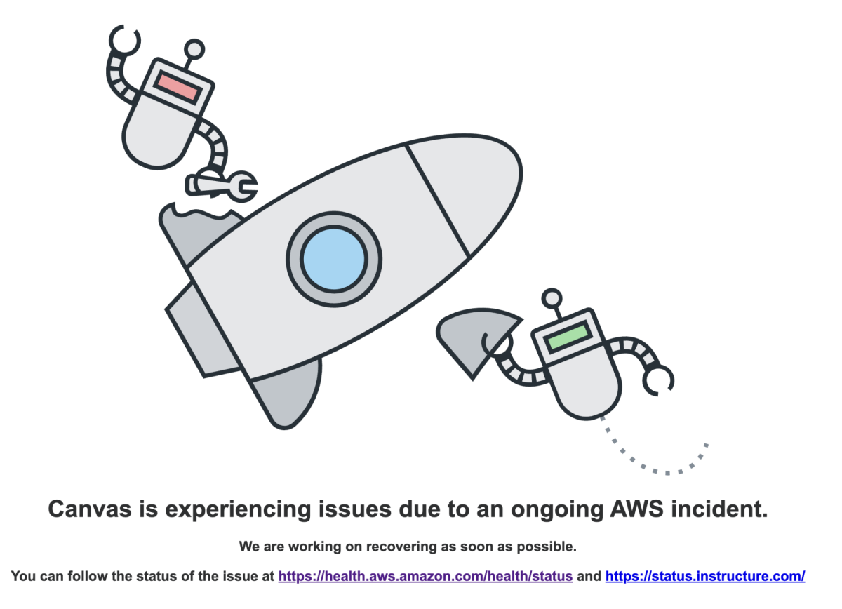 Canvas visitors from Cuesta College and others around the globe are receiving error messages due to the AWS outage on Oct. 20. Screenshot by The Cuestonian.