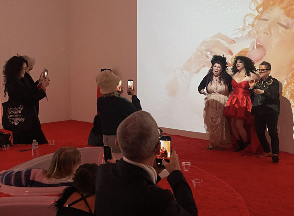 “Web of Love” artist Samantha Nye (center) poses with her stars Annie Sprinkle (left) and Beth Stephens (right) during the opening at Harold J. Miossi Gallery at Cuesta College’s SLO campus on Jan 29. 