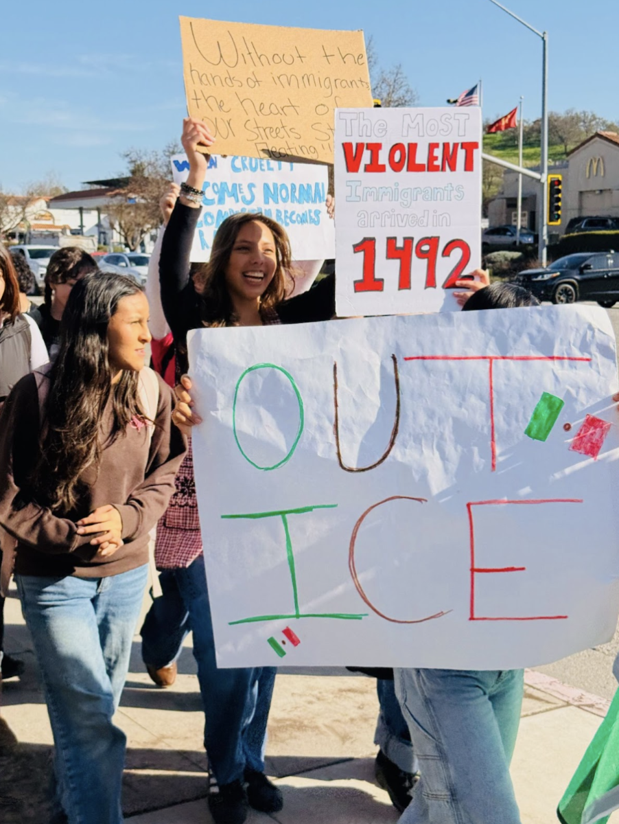 Students from Paso Robles High School participated in nationwide protests against President Donald Trump’s immigration policies and ICE on Feb. 6. Beginning in the courtyard of Paso Robles High School, students marched on the sidewalk until they reached the top of Niblick Bridge. There, hundreds of students of all ages assembled, held handmade signs, hung flags and chanted. “We were scared – we didn’t think anyone would protest,” said Jesus Ursulo, organizer of the protest and Paso Robles High junior. 