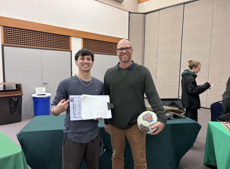 Faculty advisor Zachary McKiernan (right) and student-athlete Chris Caceres (left) represented the Cuesta College men’s soccer club at the Club Fair in building 5400’s on Feb. 10. McKiernan and Caceres were at the fair promoting and recruiting players to join.
