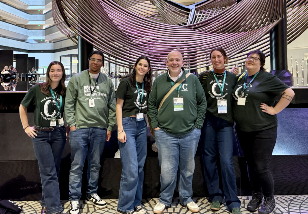 The Cuestonian delegation that went to the ACP/JACC conference in San Francisco on March 8, 2026. From left to right: Reporter Kate Johnson, Reporter Malik Green, Reporter Kayla Zemaitis, Faculty Adviser Jeremy Shermak, Editor-in-Chief Casey Lieberman and Multimedia Editor Michaela Mastache. Photo courtesy of random passerby. 
