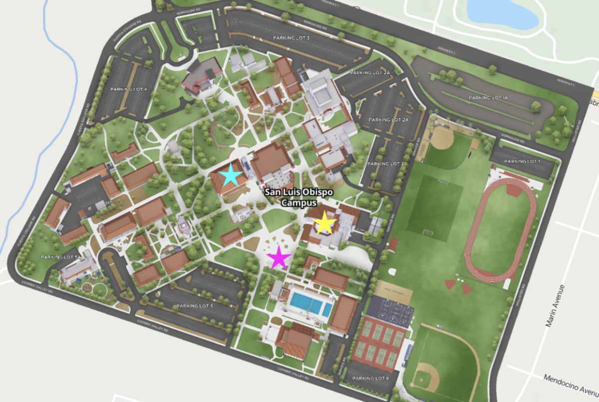 San Luis Obispo campus map via Cuesta College; Blue star locates Student Success Center, yellow star locates ASCC courtyard, pink star locates flag pole area
