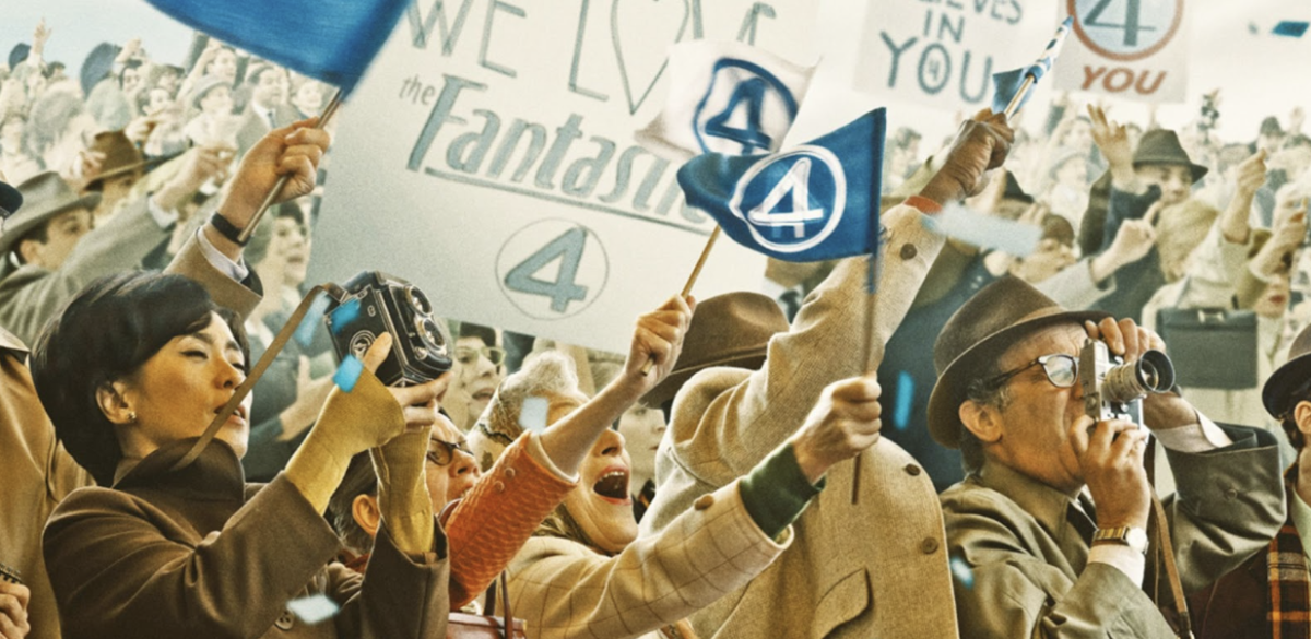 Promotional material for the movie features civilians waving flags celebrating the Fantastic Four.
