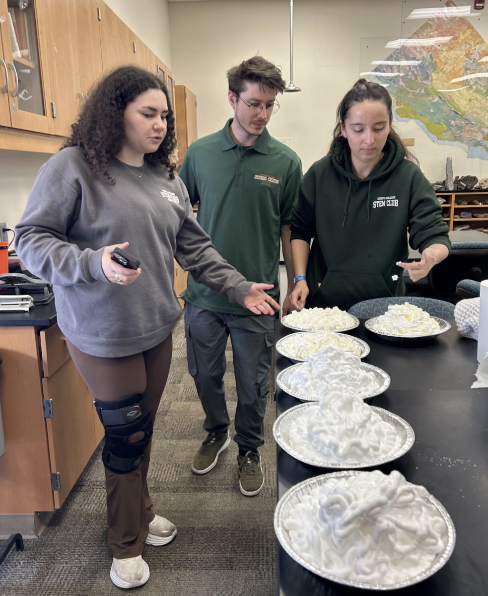 Bridgette Swanson, Leo Deluca and Ava Martinez prepared the cream pies for the first Pi Day fundraiser on March 14, 2025. “It is funny to think about, but it is even funnier to see in person,” Deluca said. Photo courtesy of Xander Lubin.
