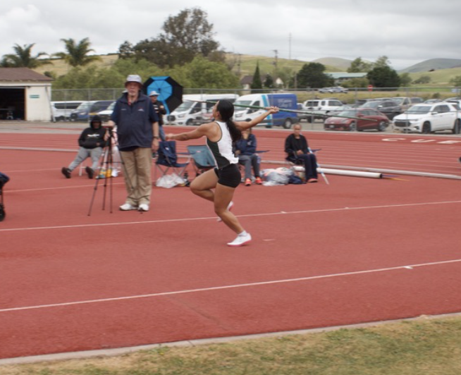 Sophomore Kristy Huynh gets a running head start to throw the javelin at the Cuesta College track on March 31, 2026.
