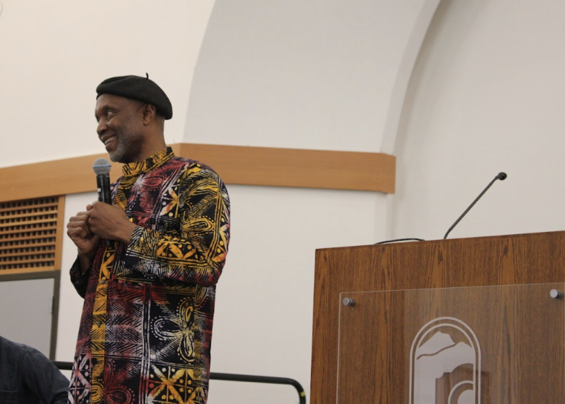 Okey Ndibe tells a story to faculty and students who joined the free event in Building 
5400 at Cuesta College on April 24.