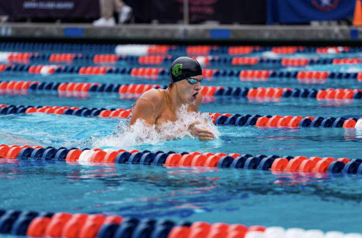 Grant Huston swims at 3C2A Championships on May 1, 2026 at Orange Coast College.
Photo by Karina Toriz. Courtesy of 3C2A