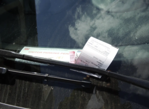 A ticket awaits its owner on a windshield in SLO in May 2026.